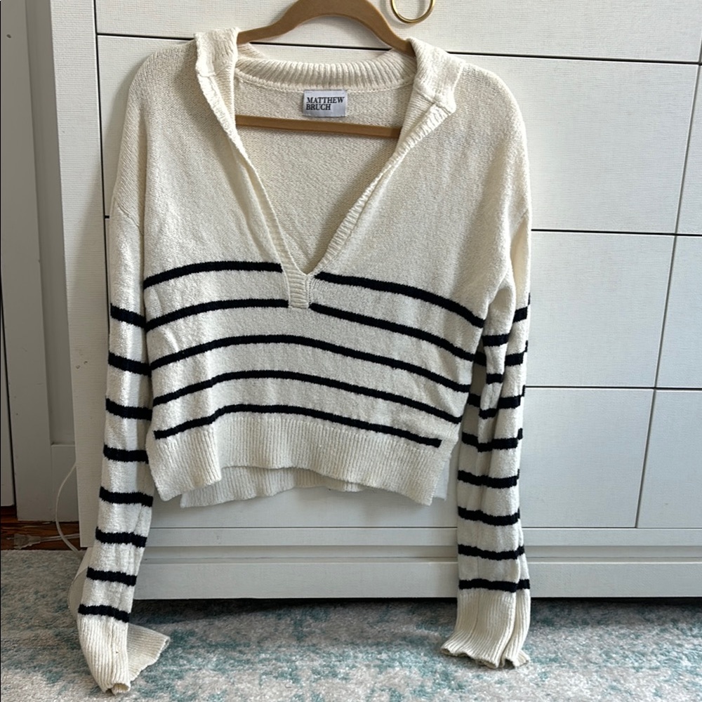 White and Black V-Neck Nautical Sweater